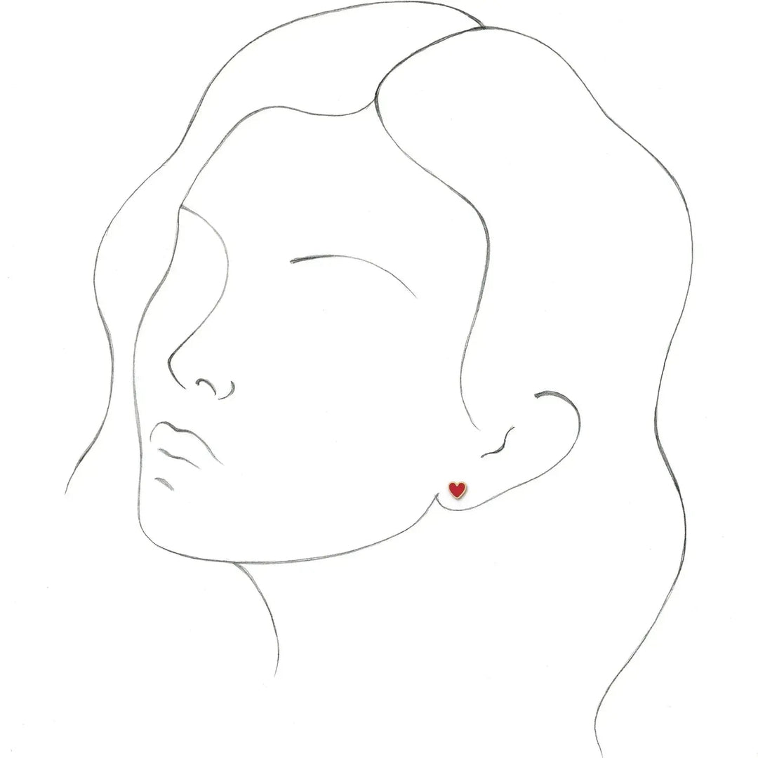 Minimalist illustration of a woman wearing a heart-shaped stud earring, showcasing the elegant and subtle design of the white enamel heart earrings.