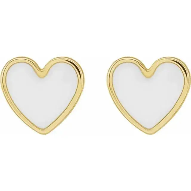 Pair of white enamel heart earrings in 14K gold, featuring a timeless heart-shaped design with a polished gold frame for a chic, modern look.