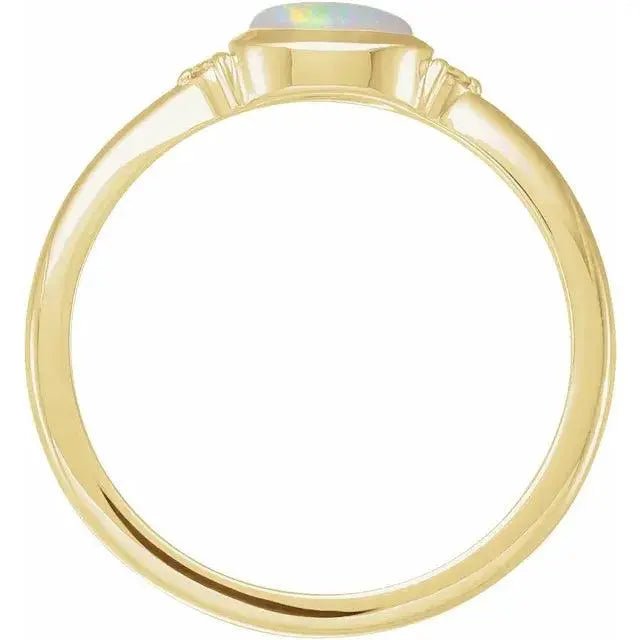 Side view of a White Ethiopian Opal Ring in solid gold, showcasing its sleek band and bezel-set opal. A refined and timeless opal jewelry design.