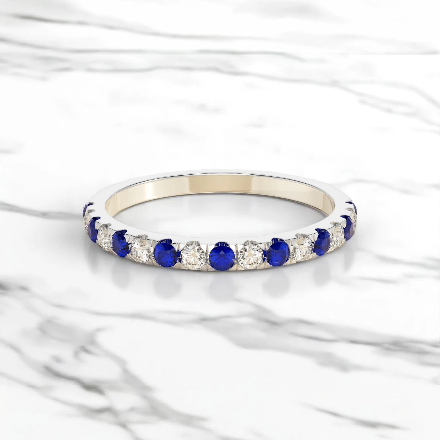Halfway alternating sapphire and diamond ring in 14K white gold