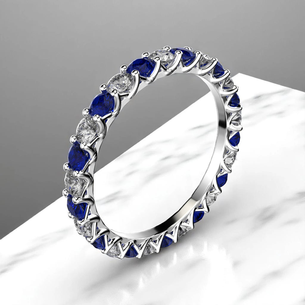 Lab sapphire and diamond alternating ring in 14K white gold