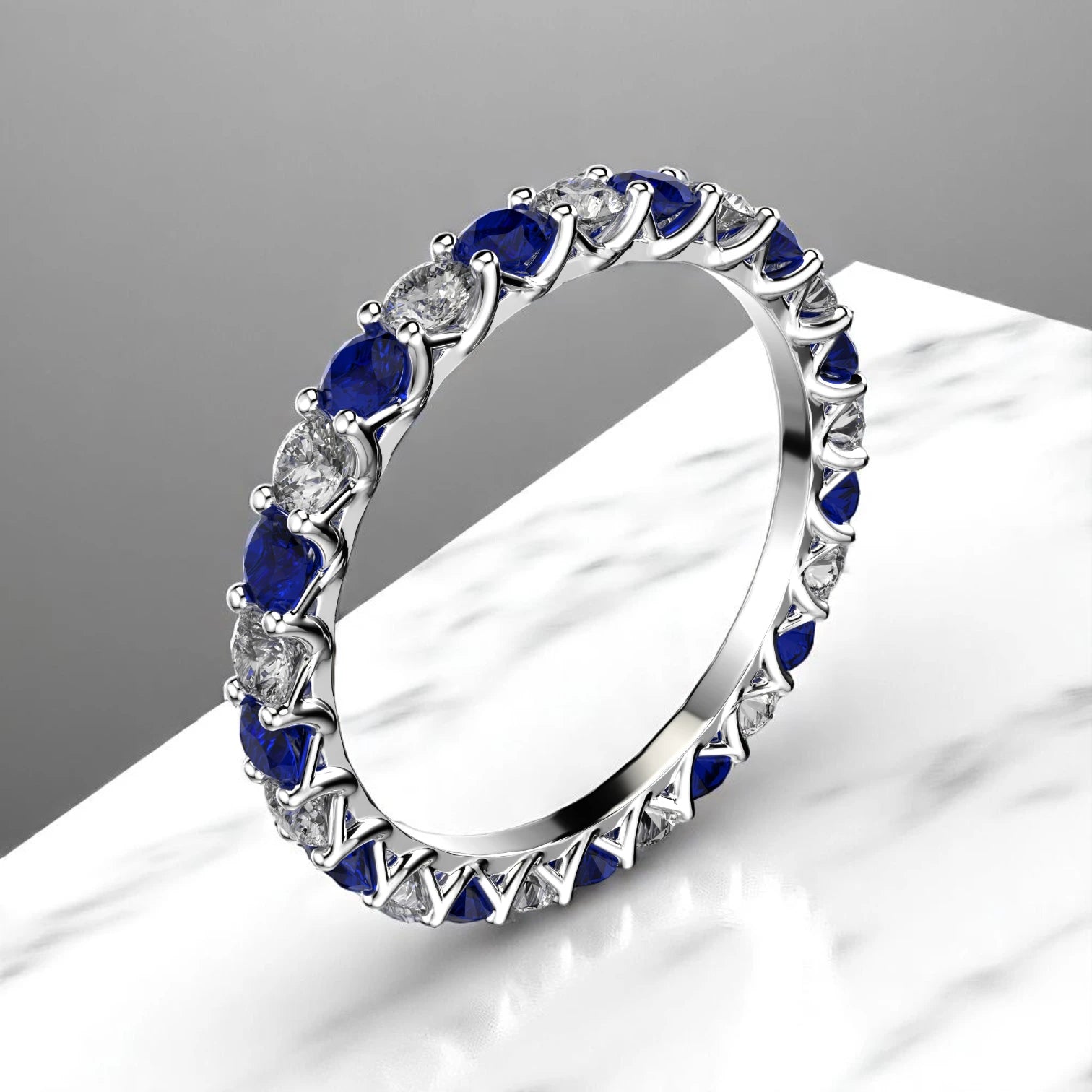 Lab sapphire and diamond alternating ring in 14K white gold