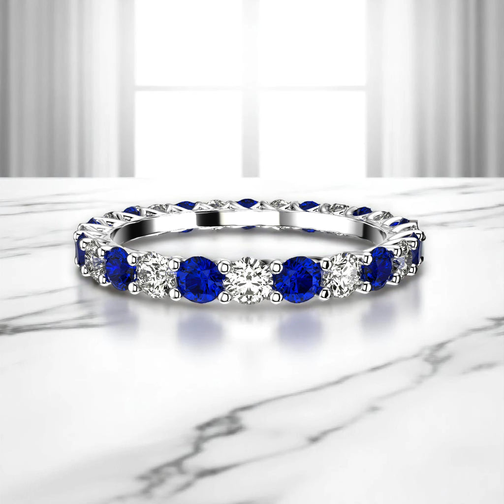 Sapphire diamond eternity band in white gold with lab stones