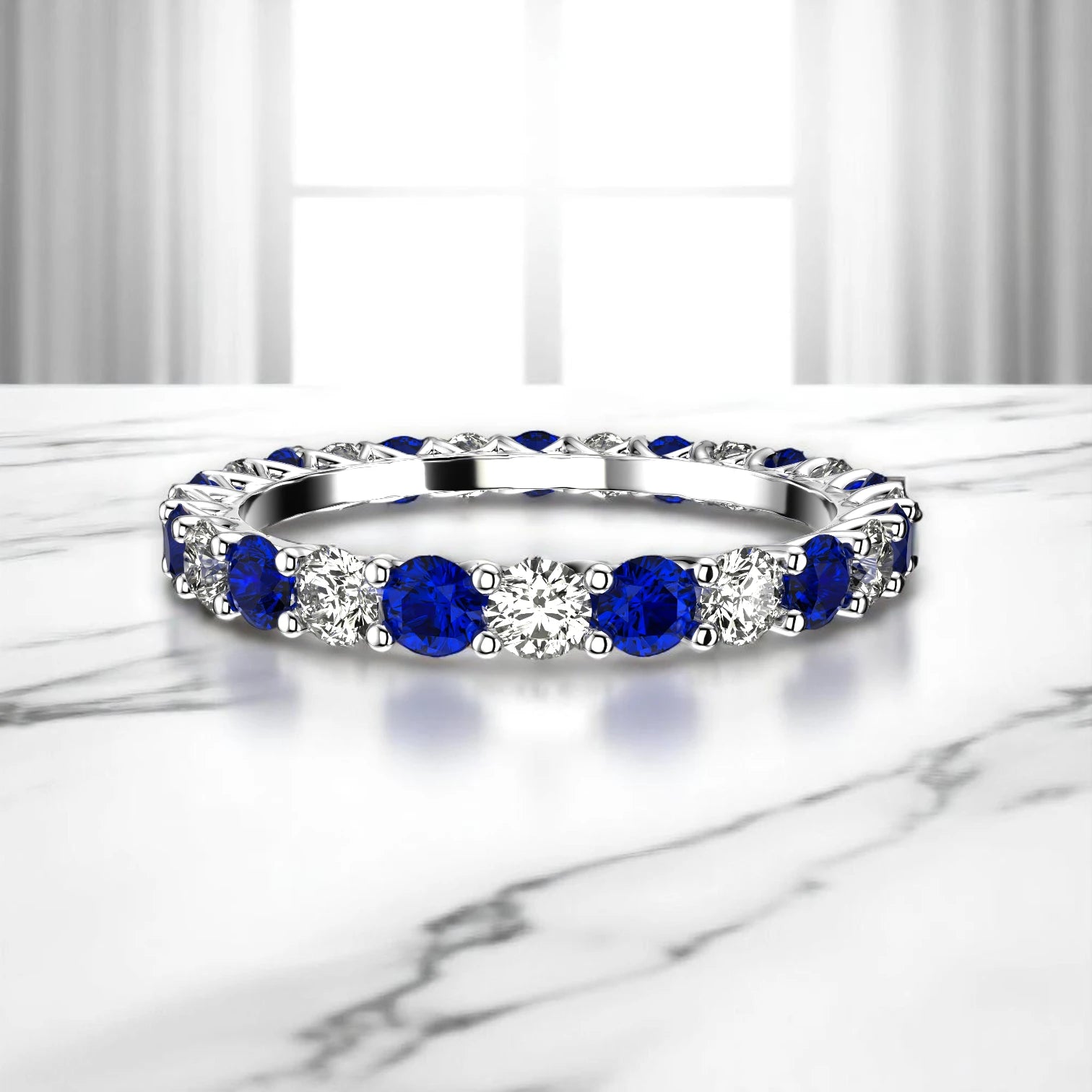 Sapphire diamond eternity band in white gold with lab stones