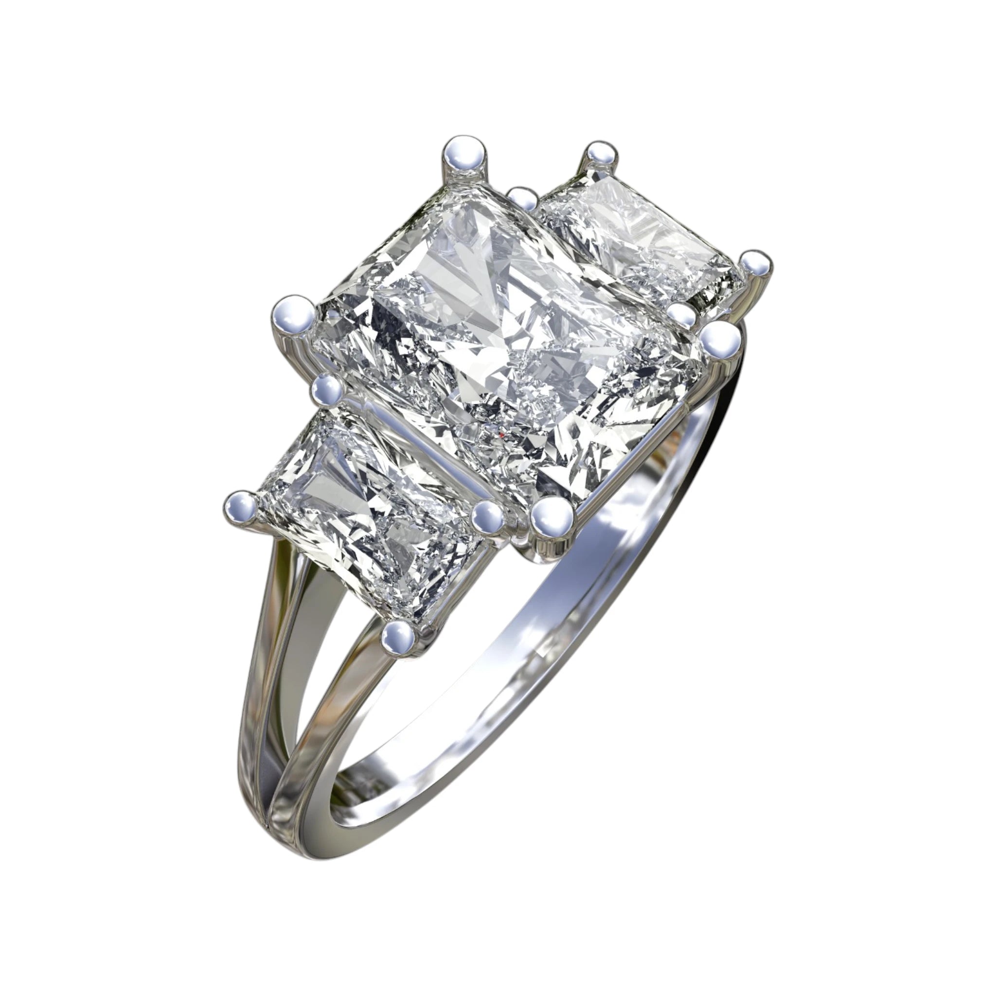 Three stone radiant cut lab diamond ring in 14K white gold with 2CT center