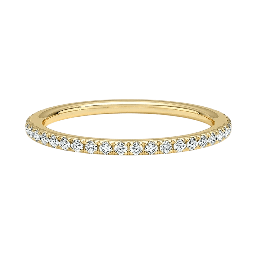 Petite 1.5 mm pavé diamond wedding band in 14K gold, handcrafted in NYC.