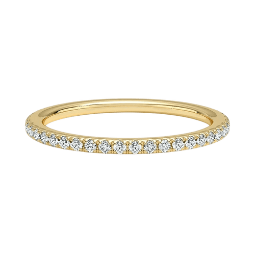 Petite 1.5 mm pavé diamond wedding band in 14K gold, handcrafted in NYC.