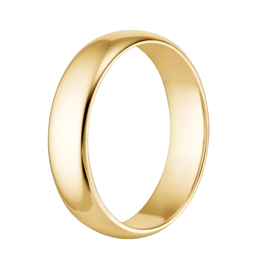 Side view of a 5mm high-polish wedding ring in 14K yellow gold, showcasing its sleek, rounded comfort-fit band for lasting wear.