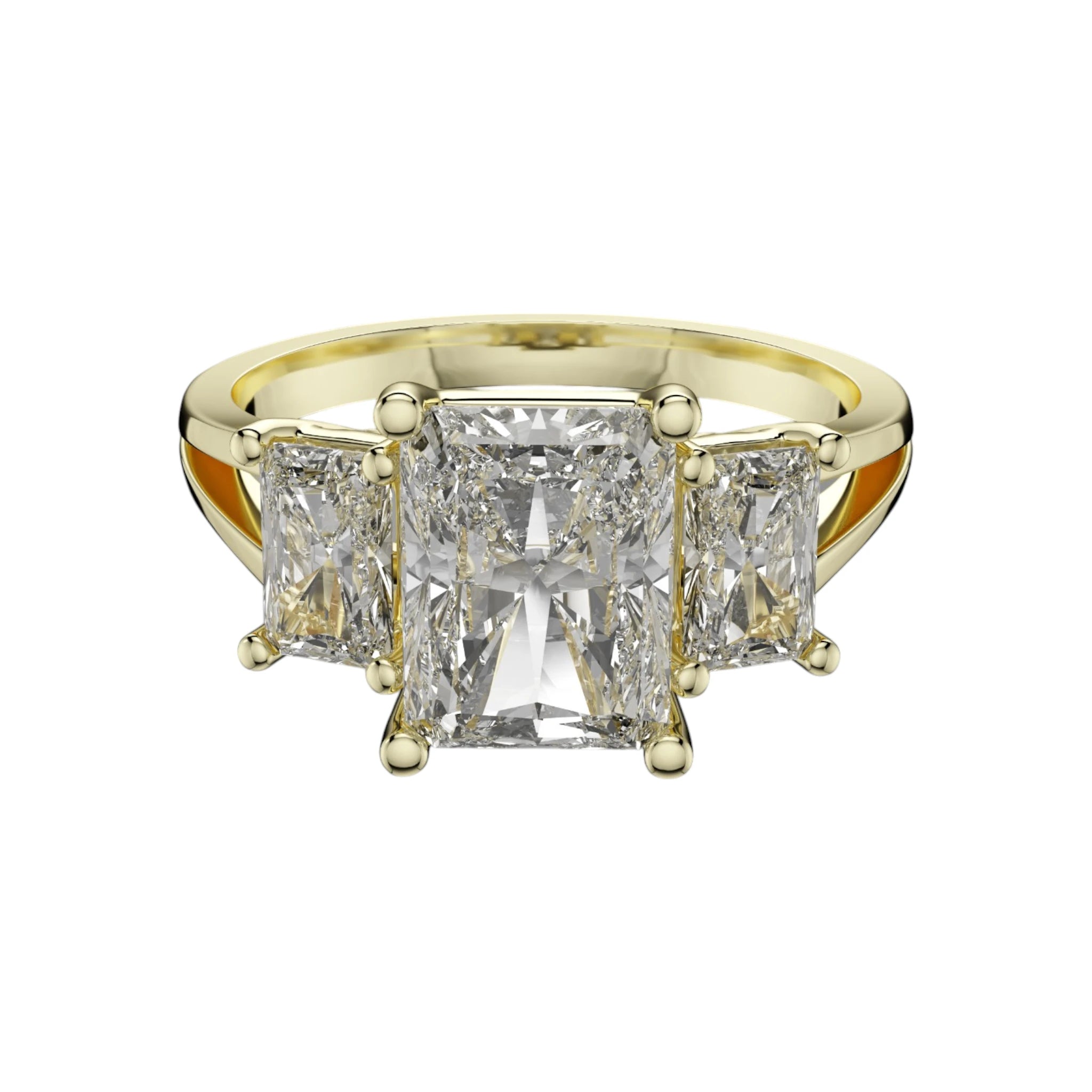 2 carat radiant cut lab-grown diamond ring in 14K yellow gold with side stones